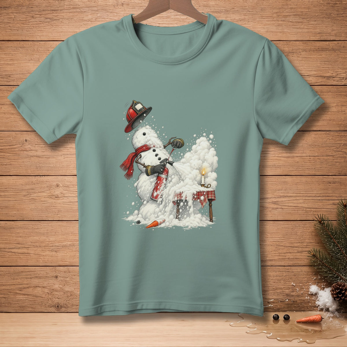 Snowman with fire extinguisher and red scarf on a teal t-shirt.