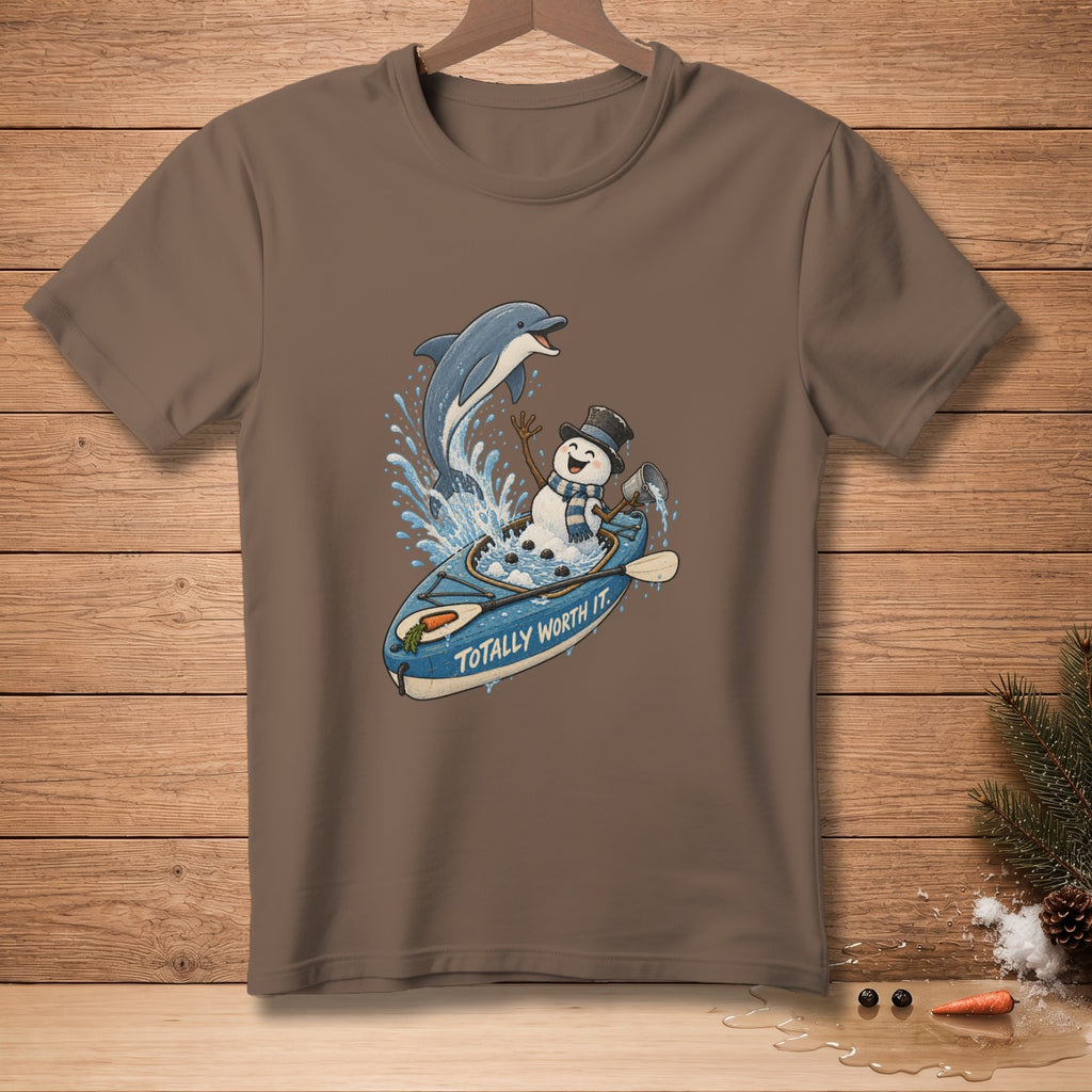 Snowman in kayak with dolphin jumping behind, text "TOTALLY WORTH IT".