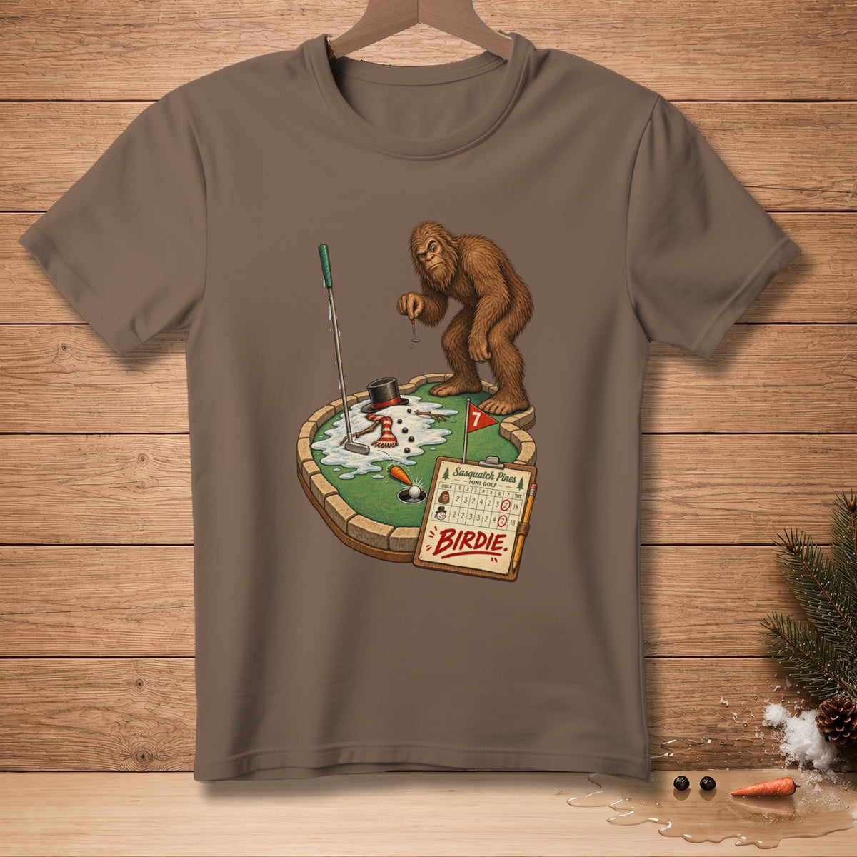 Bigfoot plays mini golf on a snow-covered course with a scorecard.