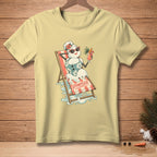 Light yellow t-shirt with a melting snowman in a swimsuit on a beach chair, text "Effortless".