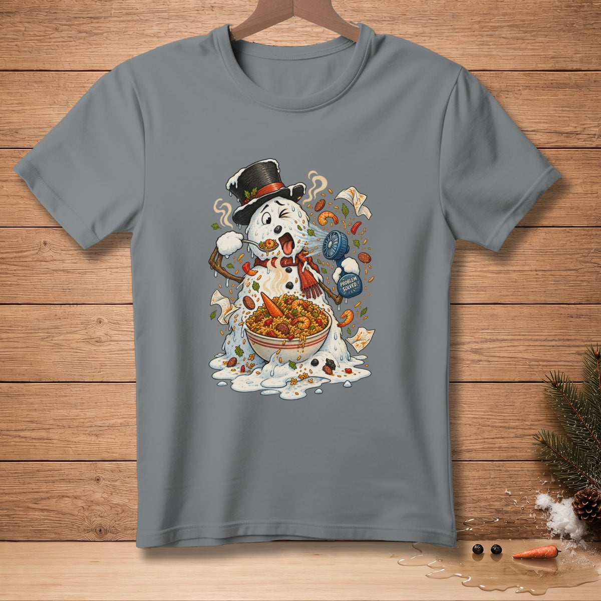 Cartoon snowman eating paella from a bowl, wearing a top hat and scarf.