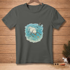 Dark gray t-shirt with a watercolor design of a snowman snorkeling underwater with fish.