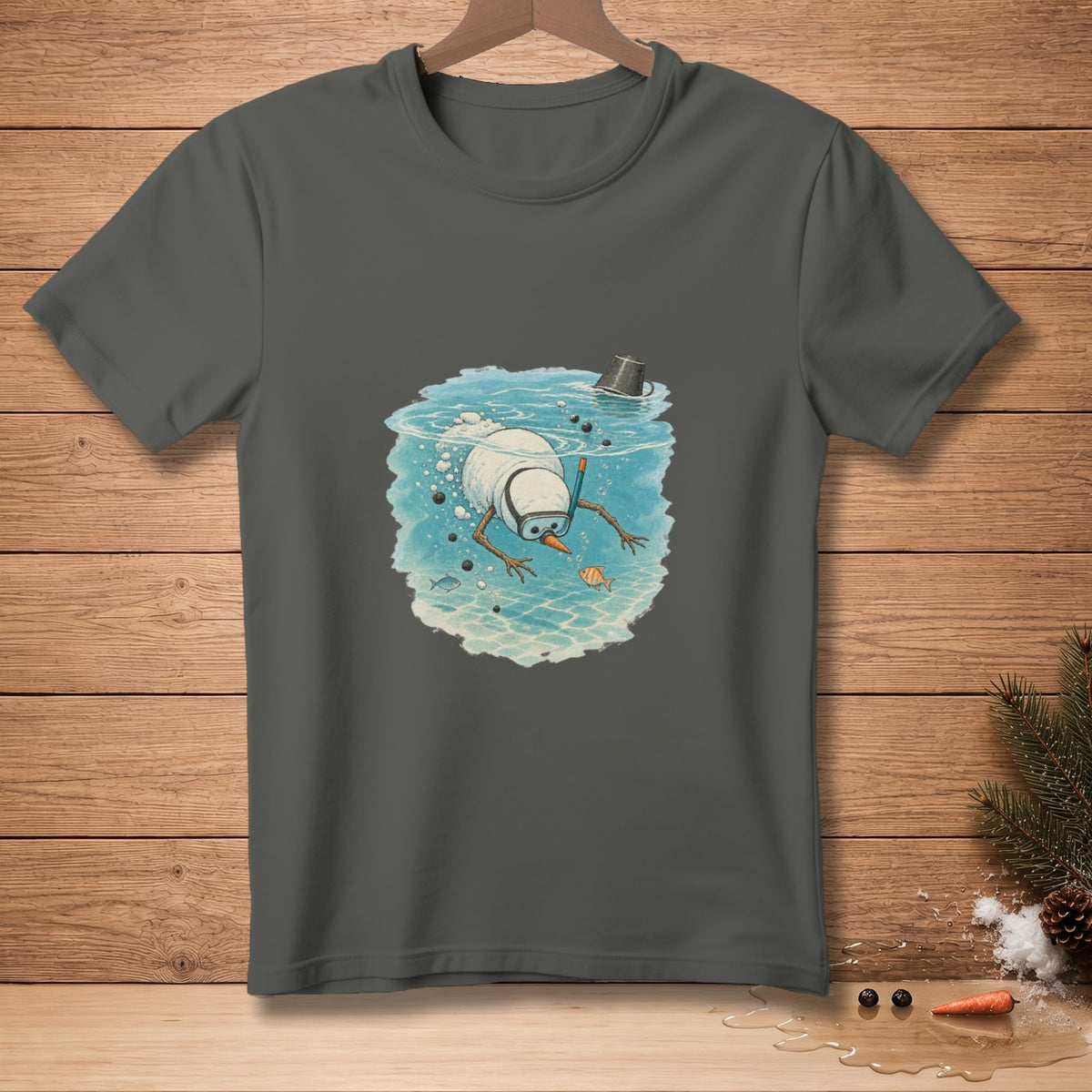 Dark gray t-shirt with a watercolor design of a snowman snorkeling underwater with fish.