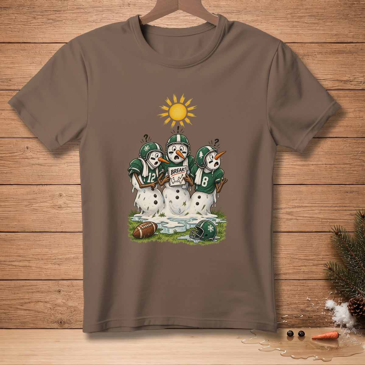 Melting snowmen in football uniforms under a sun, holding a "Break!" sign.