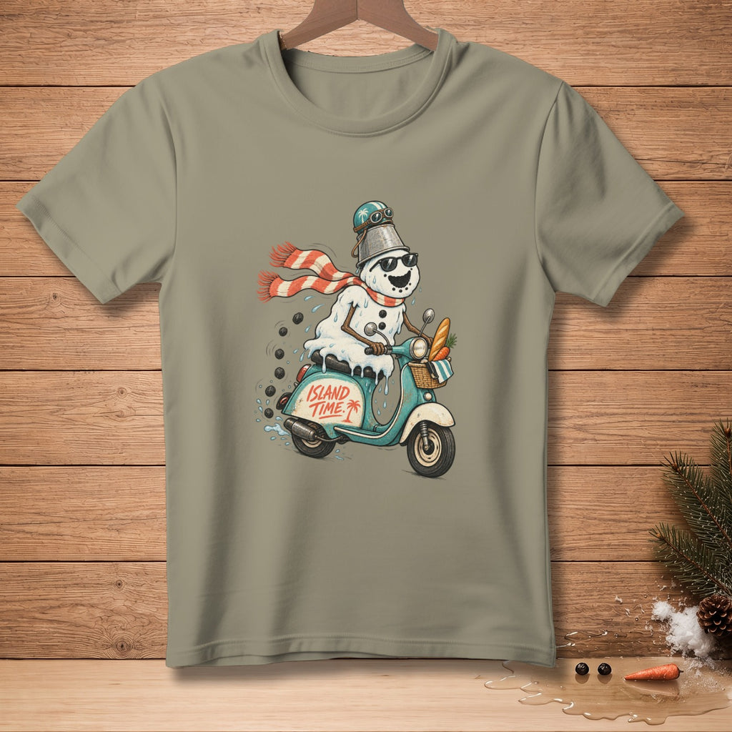 T-shirt with melting snowman on scooter, "Island Time" text and palm tree graphic.