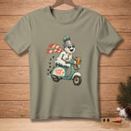 T-shirt with melting snowman on scooter, "Island Time" text and palm tree graphic.