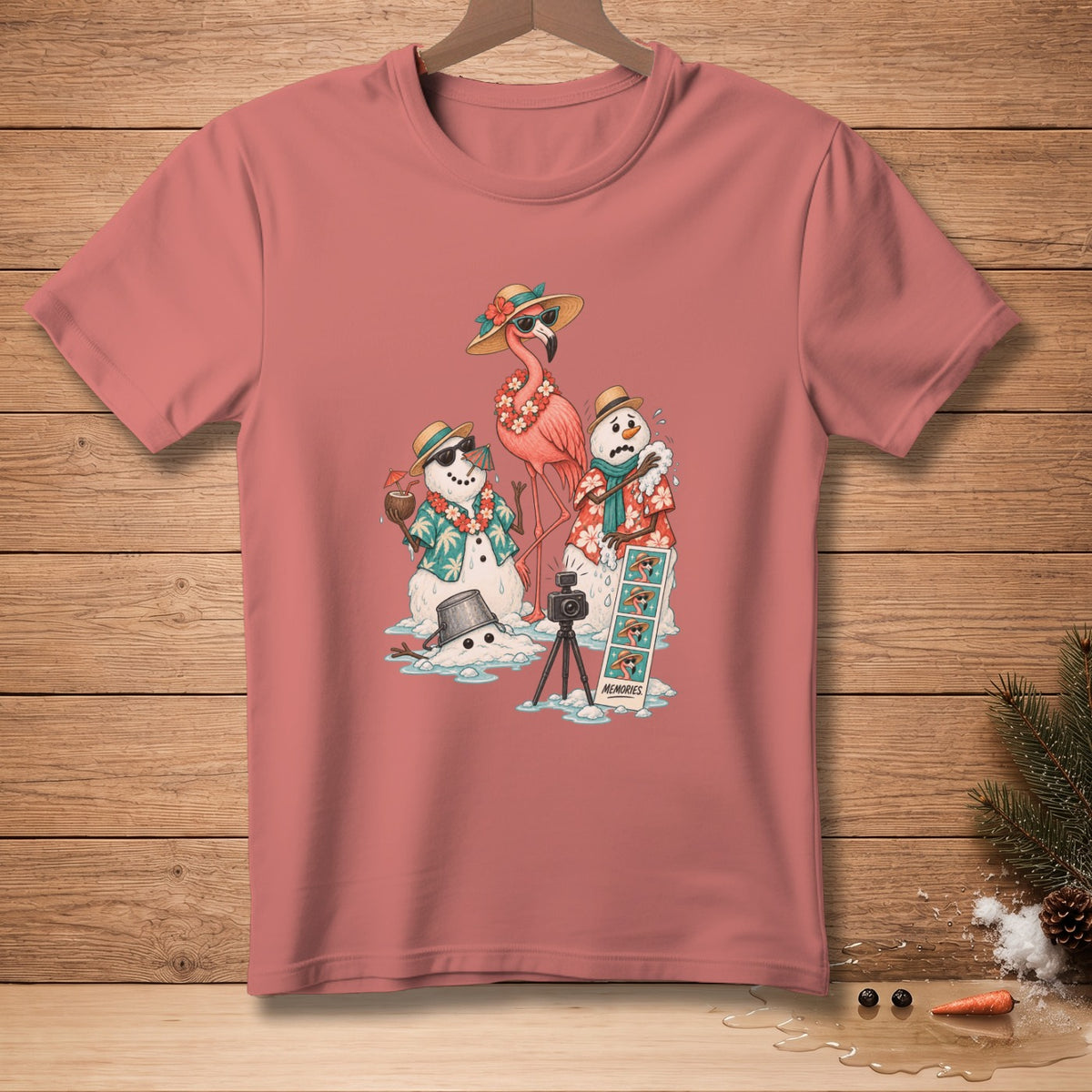 Flamingo and snowmen taking photos with a camera and a photo strip reading "Memories".