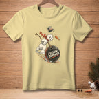 Snowman bowling with text "FOLLOW THROUGH" on a light yellow t-shirt.