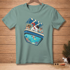 Snowman and people in a boat above an underwater aquarium with colorful fish and coral.