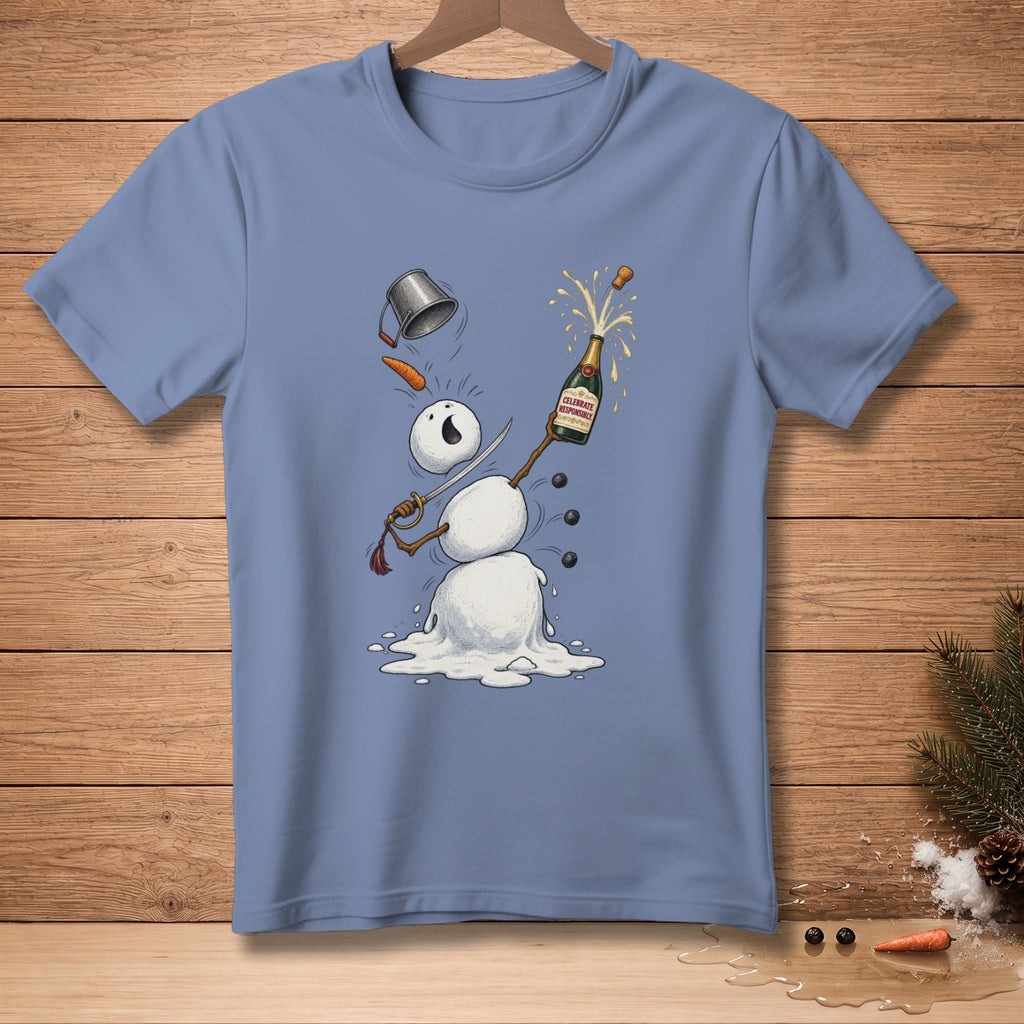 Melting snowman with popping champagne and text "Celebrate Responsibly".