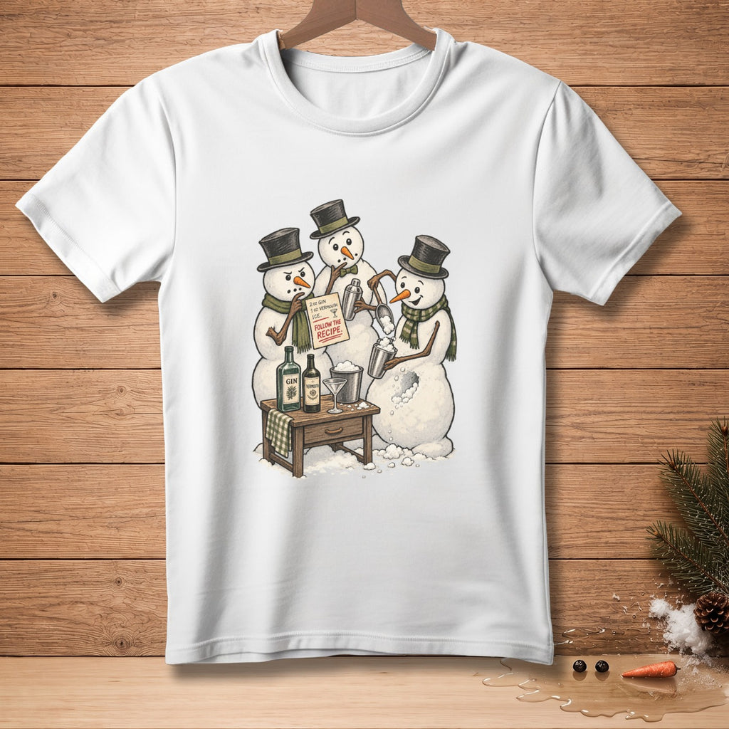 Three snowmen in top hats make drinks, following a recipe card.