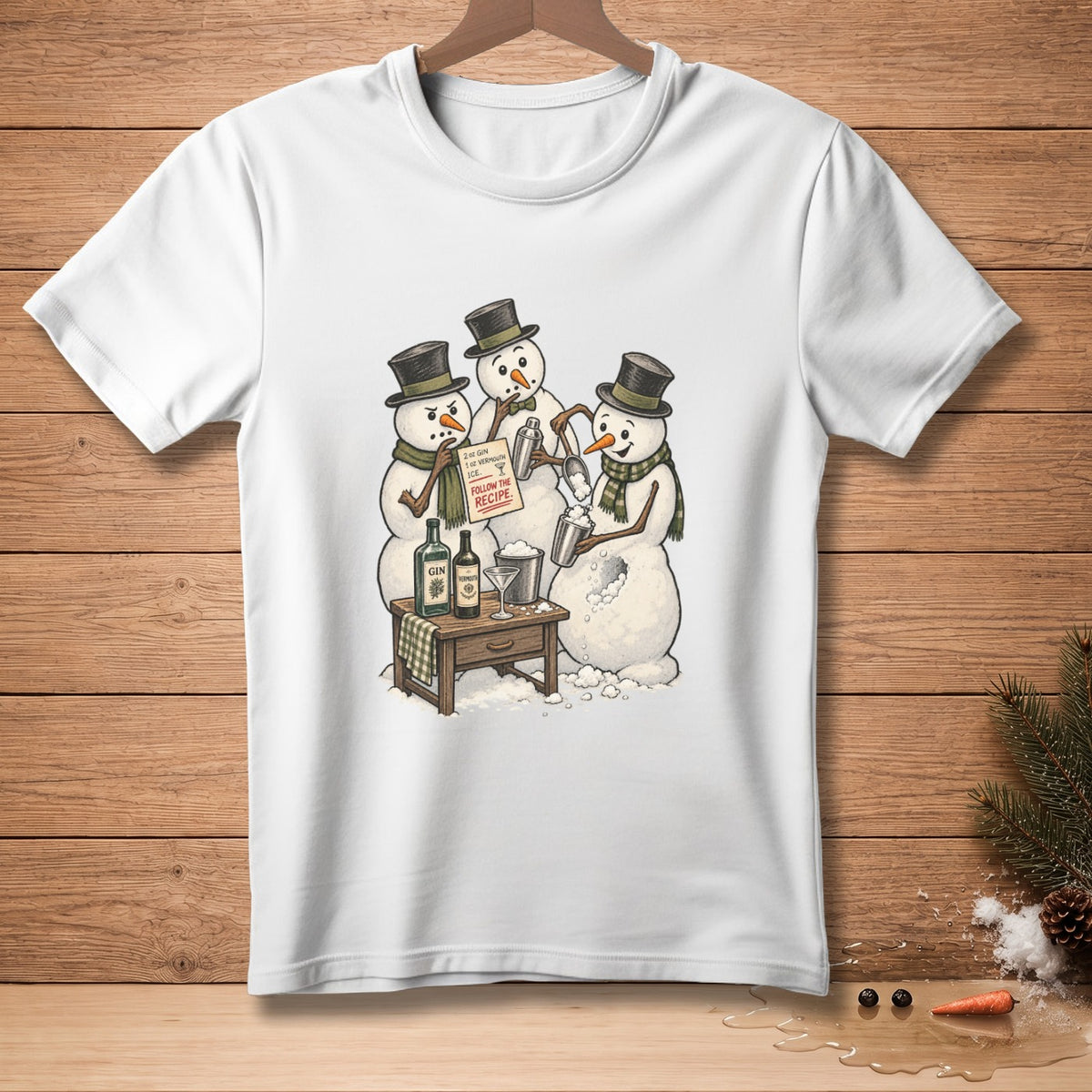 Three snowmen in top hats make drinks, following a recipe card.