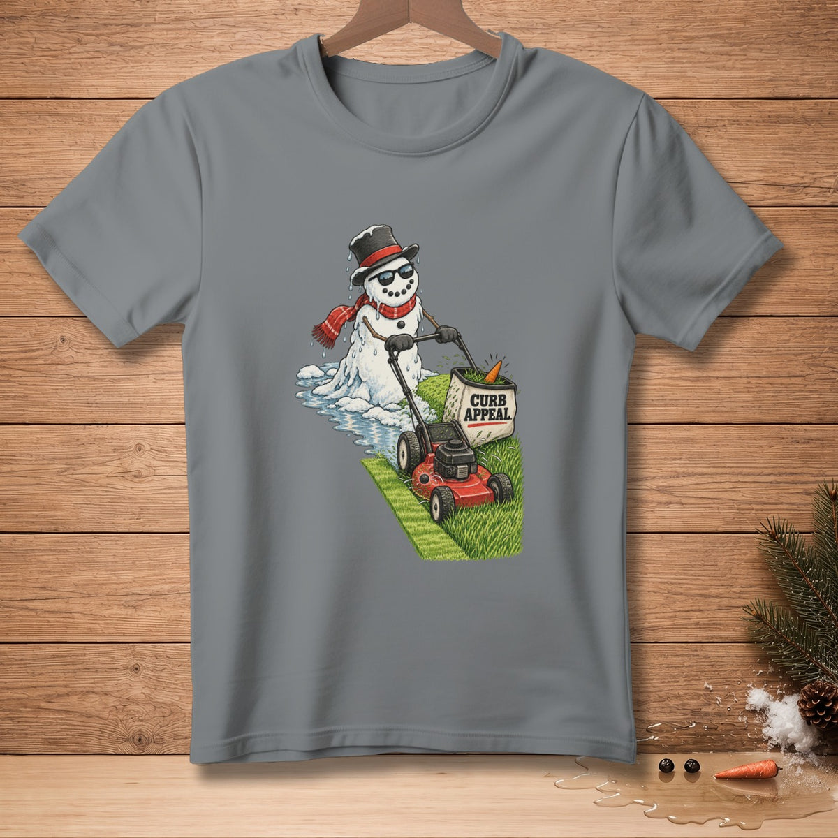 Melting snowman with sunglasses and hat mows grass with "Curb Appeal" bin.