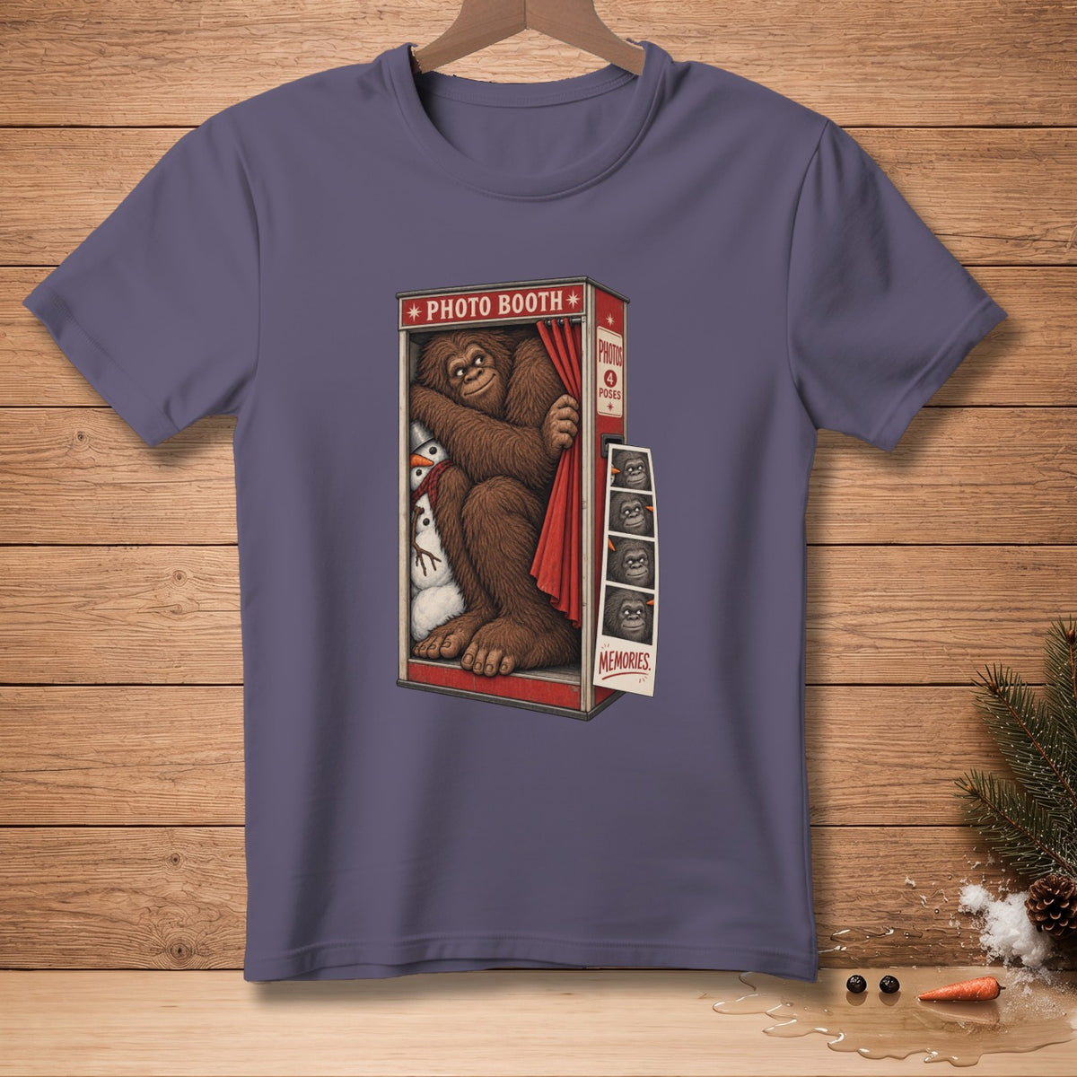 Bigfoot peeks from a photo booth with a snowman, four photo strips of Bigfoot on display.