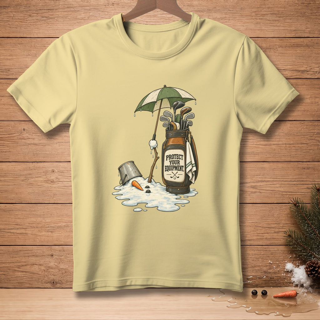 T-shirt with melting snowman, golf bag, umbrella, and text "PROTECT YOUR EQUIPMENT."