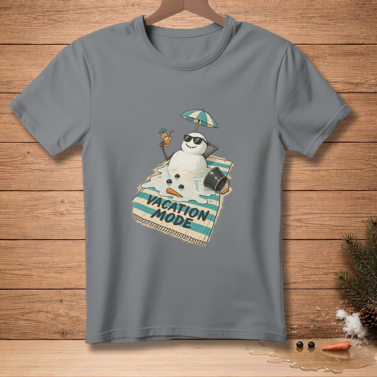 Melting snowman wearing sunglasses and relaxing on a beach towel with "Vacation Mode" text.