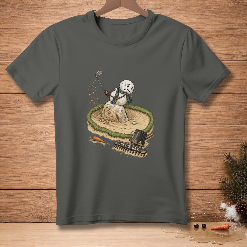 Snowman in sand trap swings golf club with "Beach Day" text on rake.