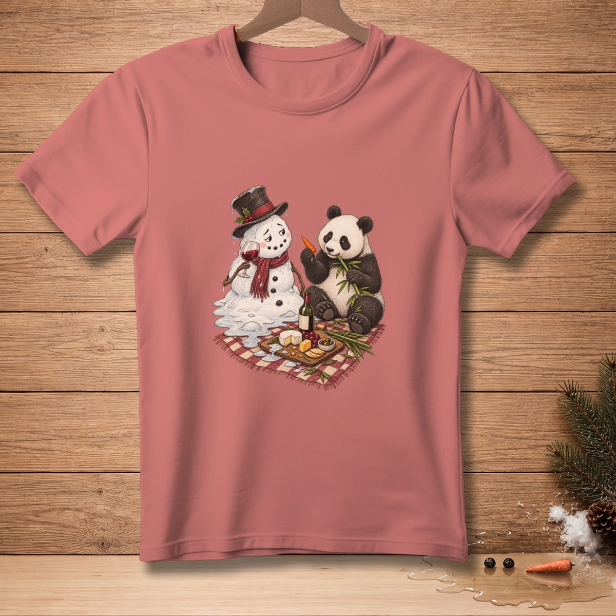 T-shirt graphic of a melting snowman with wine and a panda eating bamboo.