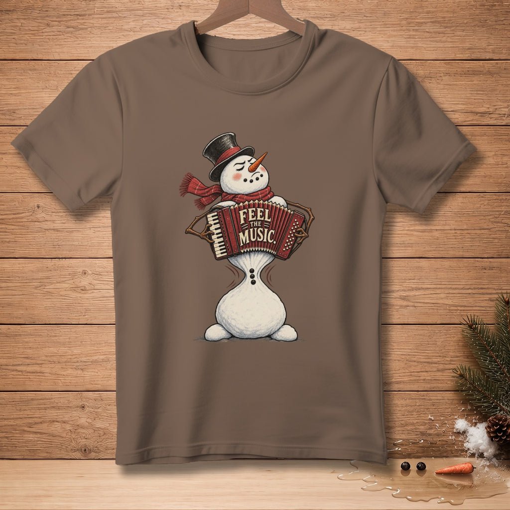 Brown t-shirt with a snowman playing an accordion with "Feel the Music" text.
