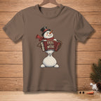 Brown t-shirt with a snowman playing an accordion with "Feel the Music" text.