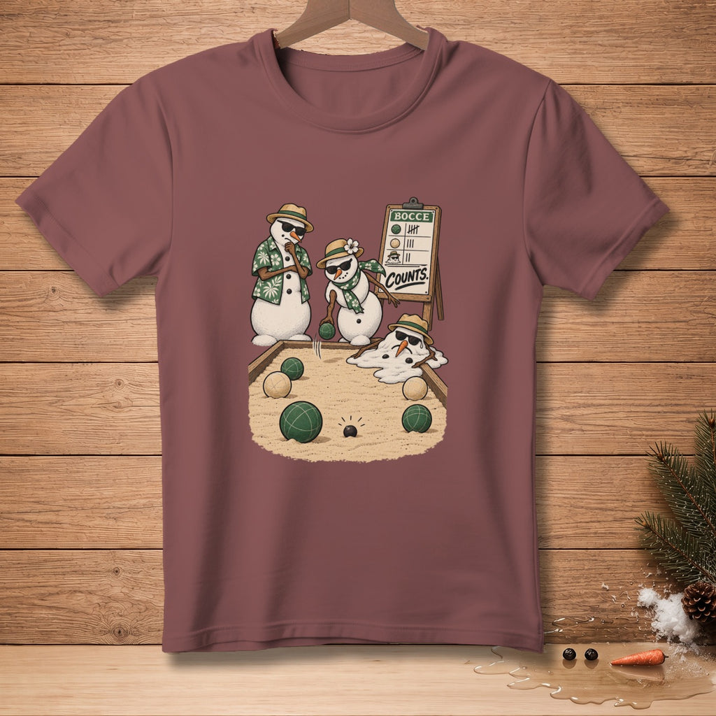 Snowmen play bocce on a beach, with a scoreboard reading "Counts".