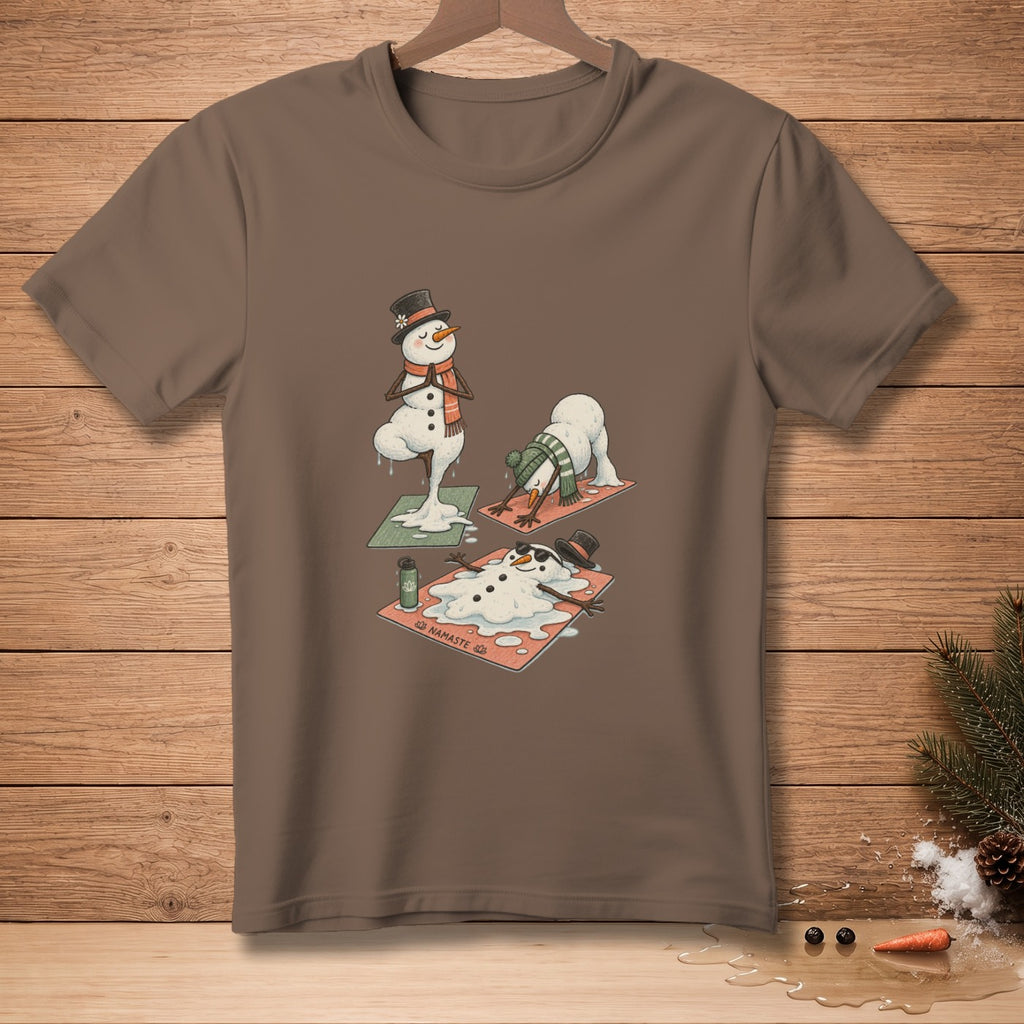 Three snowmen melting on yoga mats, one in tree pose.