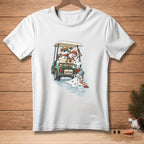 Snowmen in a golf cart with "SHOTGUN" on the back, melting in the rain.