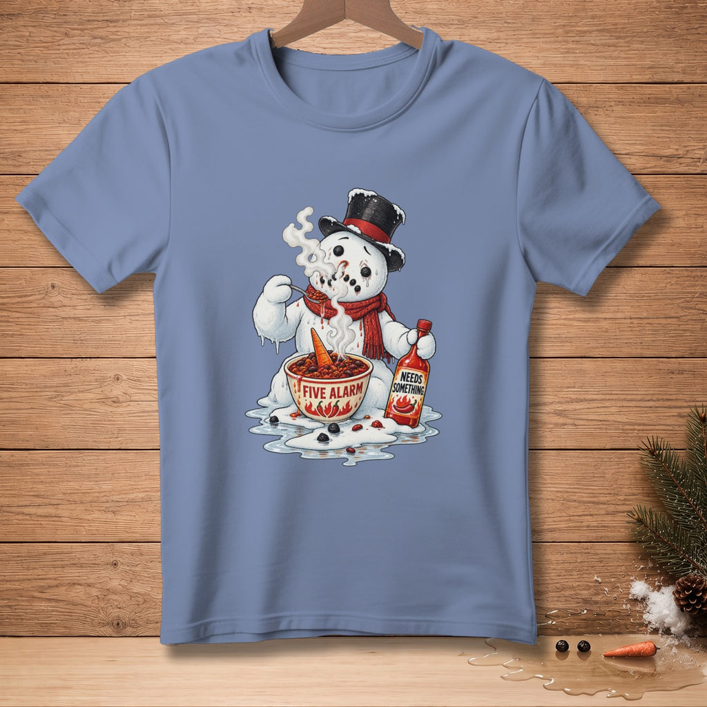 Melting snowman in a top hat eating chili from a bowl labeled "Five Alarm".