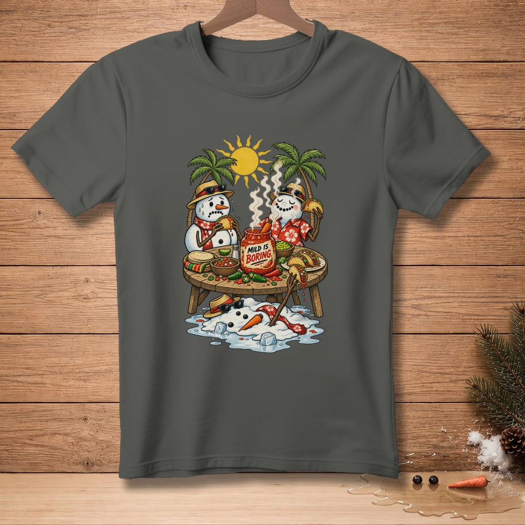 Snowmen in Hawaiian shirts eating tacos in the sun with a "Mild is Boring" jar.