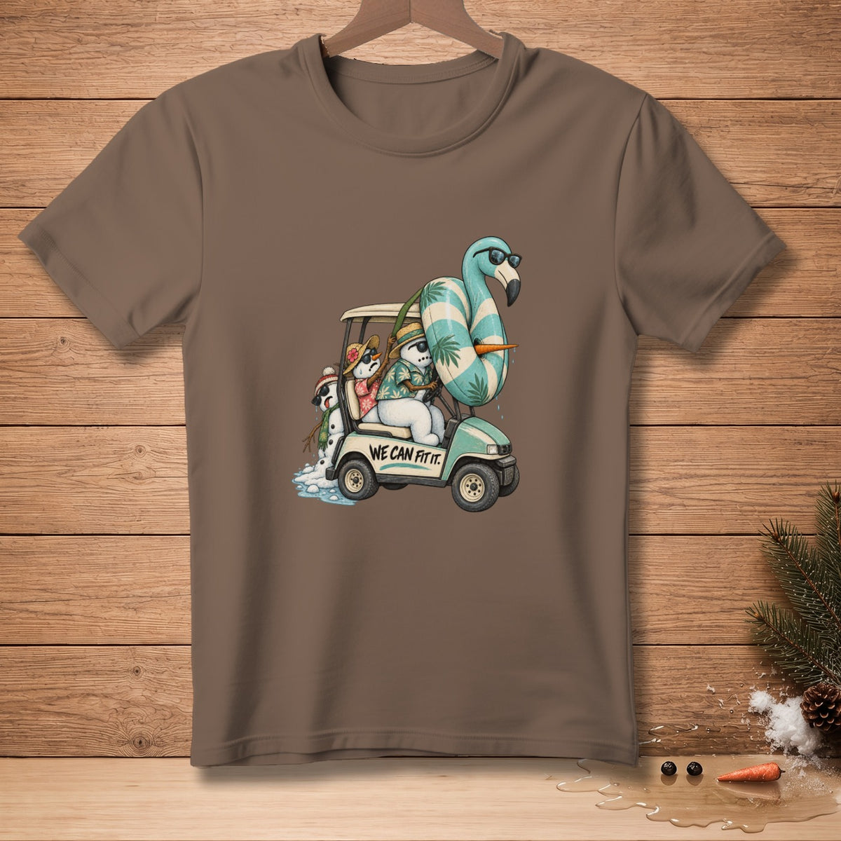 Snowmen and a flamingo in a golf cart with text "WE CAN FIT IT."