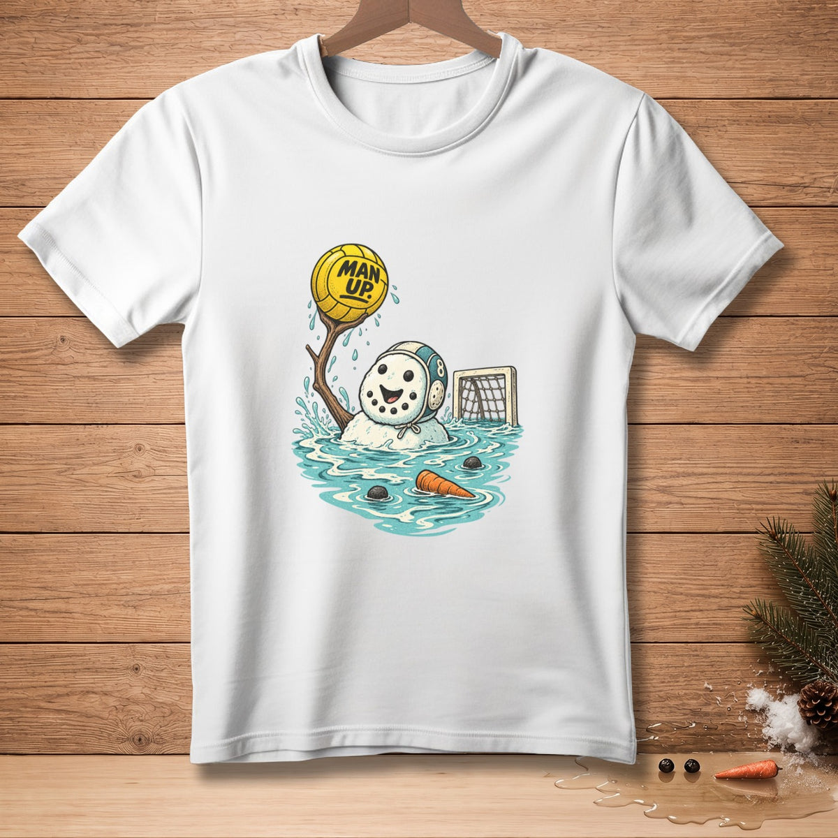 Snowman playing water polo wearing a cap, holding ball with "MAN UP" text.