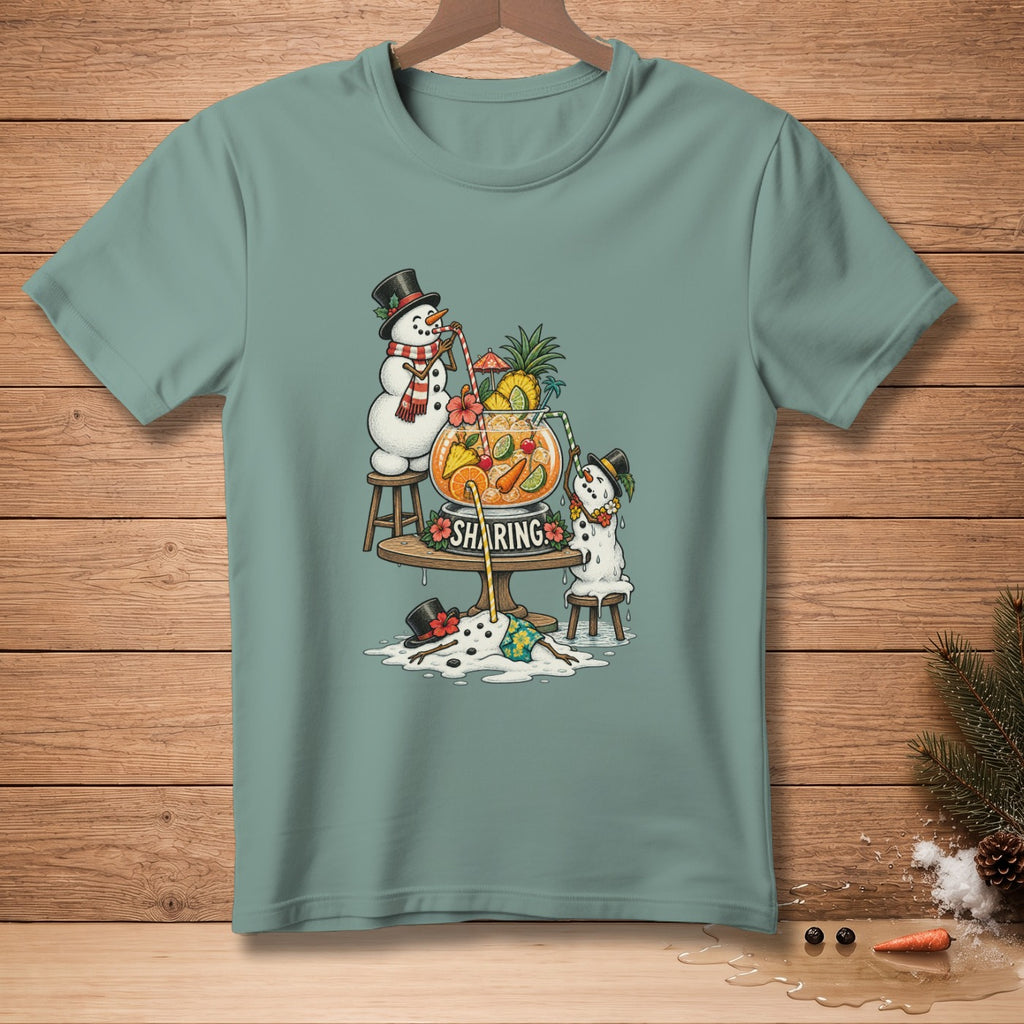 Illustration of snowmen sharing a tropical punch bowl with the word "SHARING".