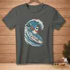 Dark gray t-shirt with a surfing snowman graphic saying "Still Counts."
