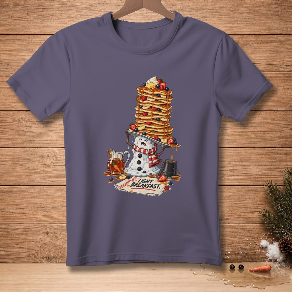 Melting snowman holding a giant stack of pancakes that reads "Light Breakfast."