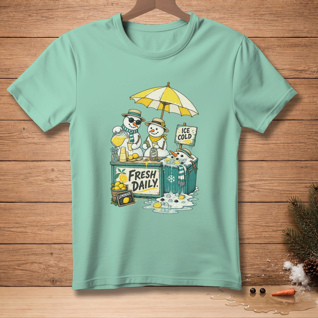 Two snowmen selling lemonade under a yellow and white umbrella.