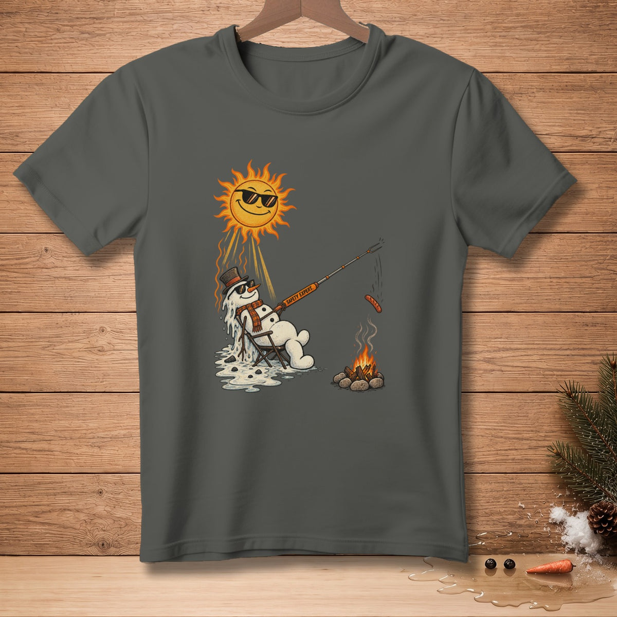 Melting snowman in chair with sunglasses cooks sausage over campfire under cartoon sun.
