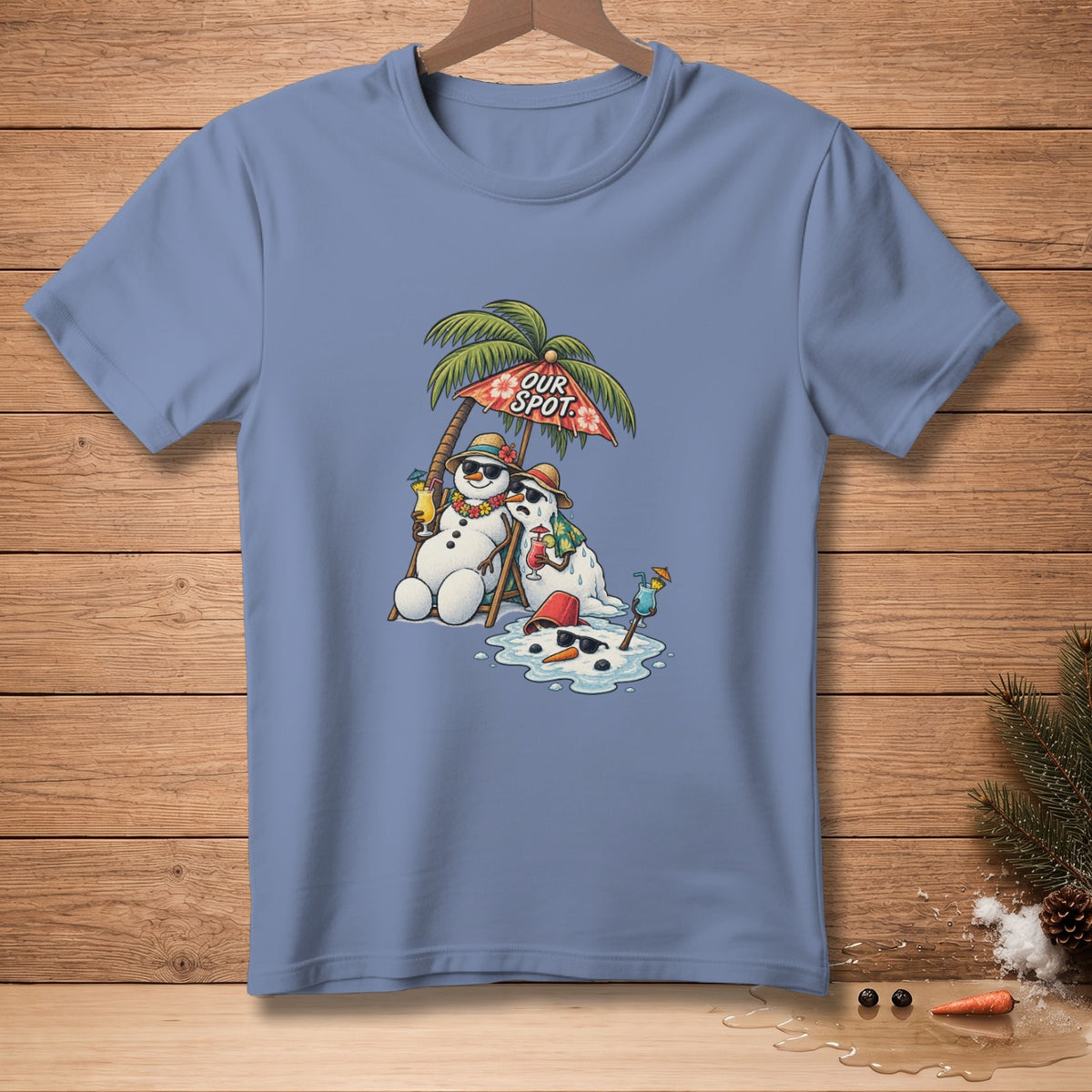 Melting snowmen wearing sunglasses and leis under a palm tree with "Our Spot" umbrella.