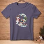 T-shirt graphic with melting snowmen on a beach with umbrella and lounge chair.
