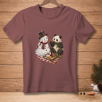 T-shirt with melting snowman holding wine and panda eating bamboo.