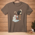 Ostrich and melting snowman with scarf and bucket of carrots on brown t-shirt.