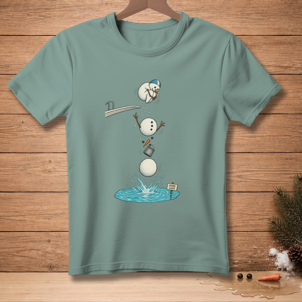 Snowman falling off diving board into water with "Good Luck" sign.