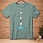 Snowman falling off diving board into water with "Good Luck" sign.