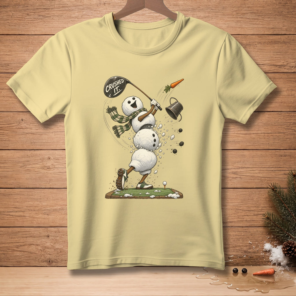 Snowman playing golf, hitting ball, with text "CRUSHED IT."
