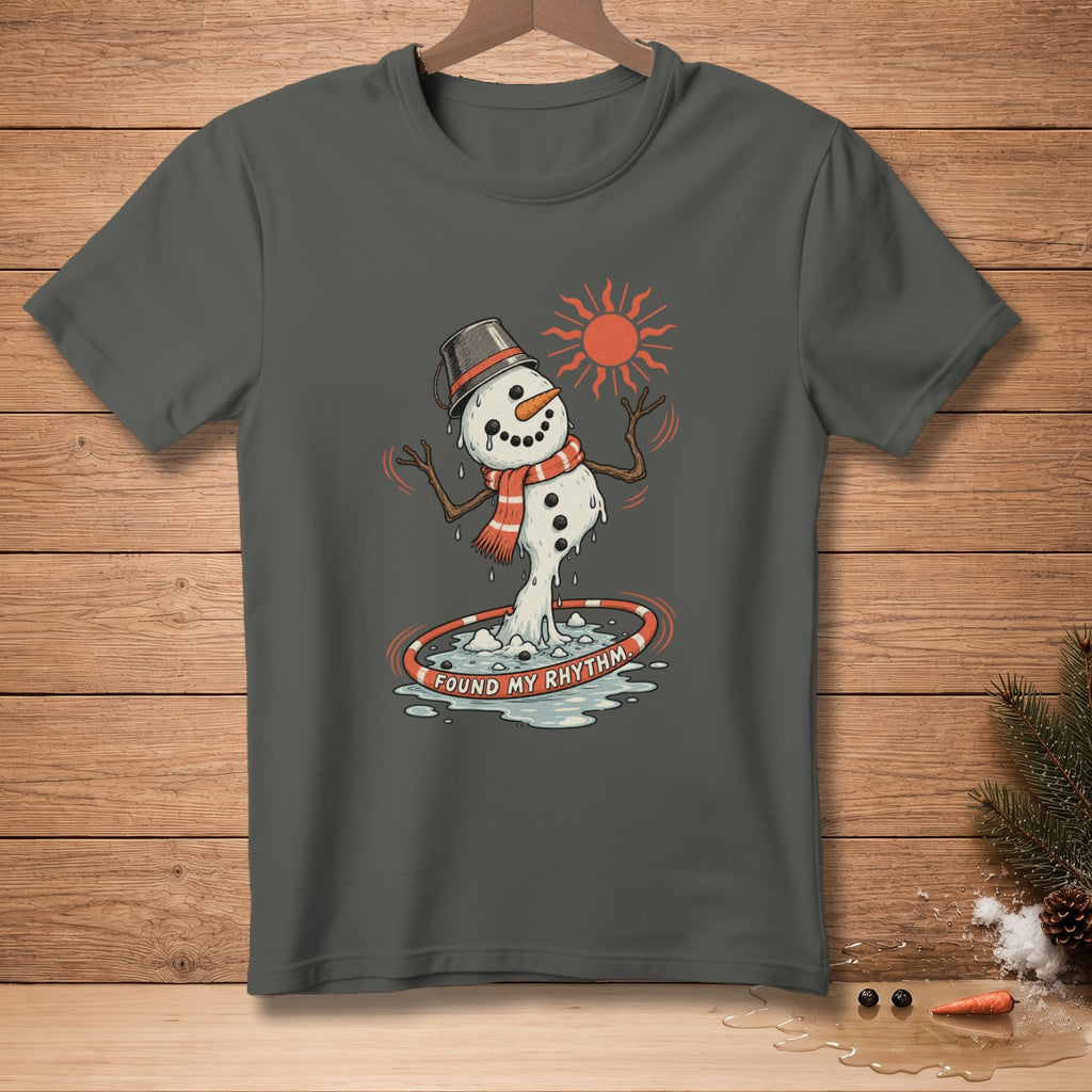 Melting snowman with bucket hat, scarf, and sun, with "Found My Rhythm" text.