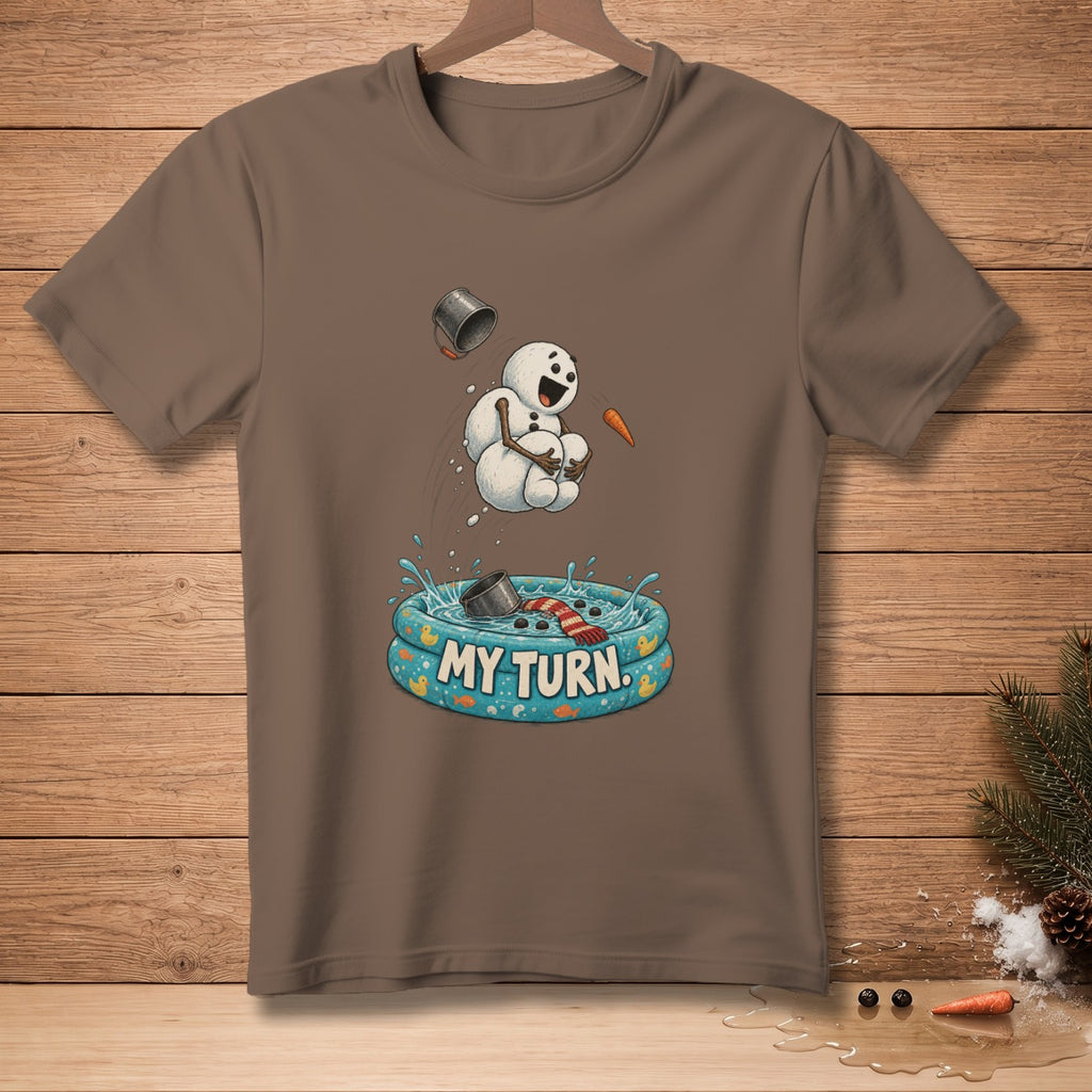 Cartoon snowman jumps into a kiddie pool with "My Turn" text.