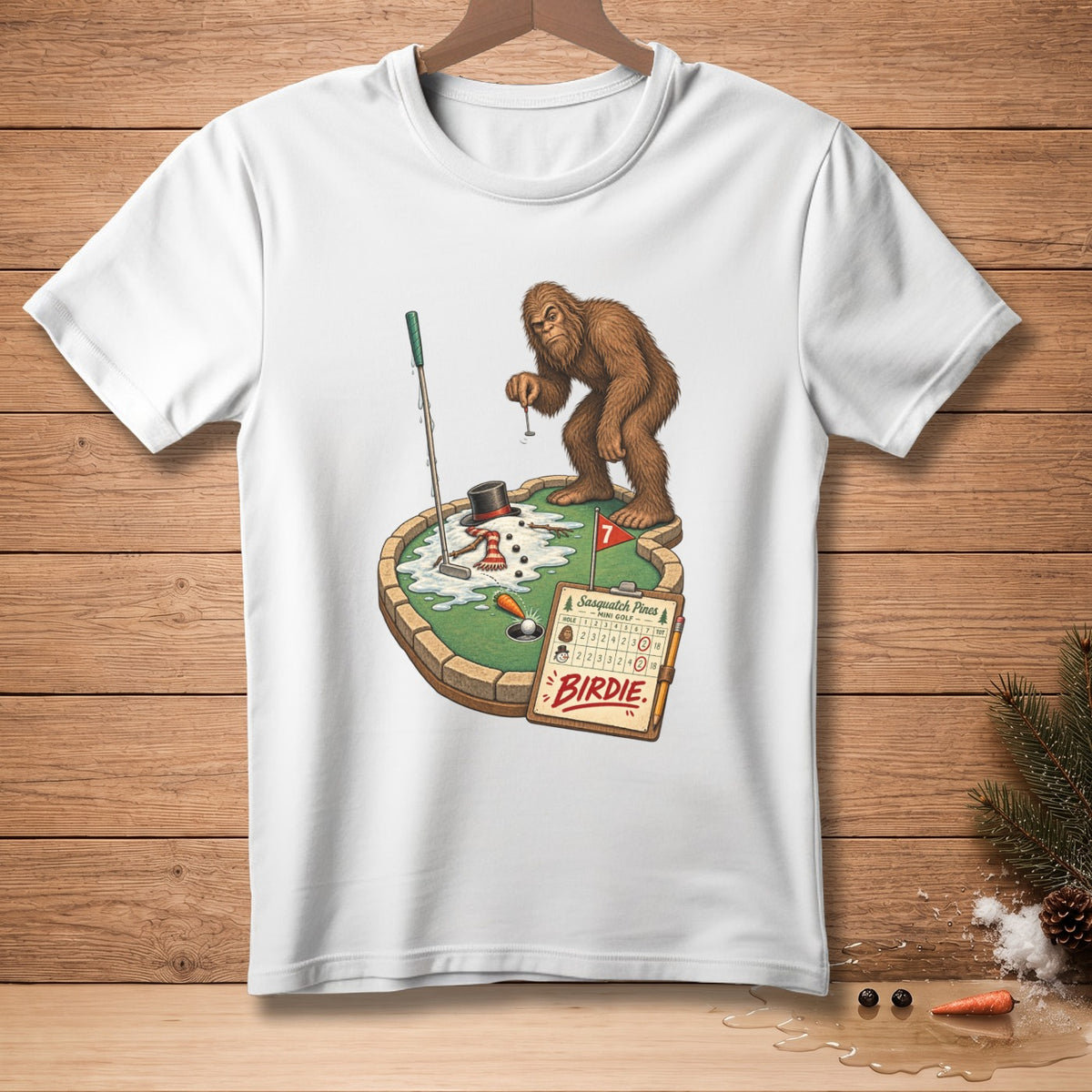 Bigfoot playing mini golf with a scorecard reading "Sasquatch Pines" and "Birdie".