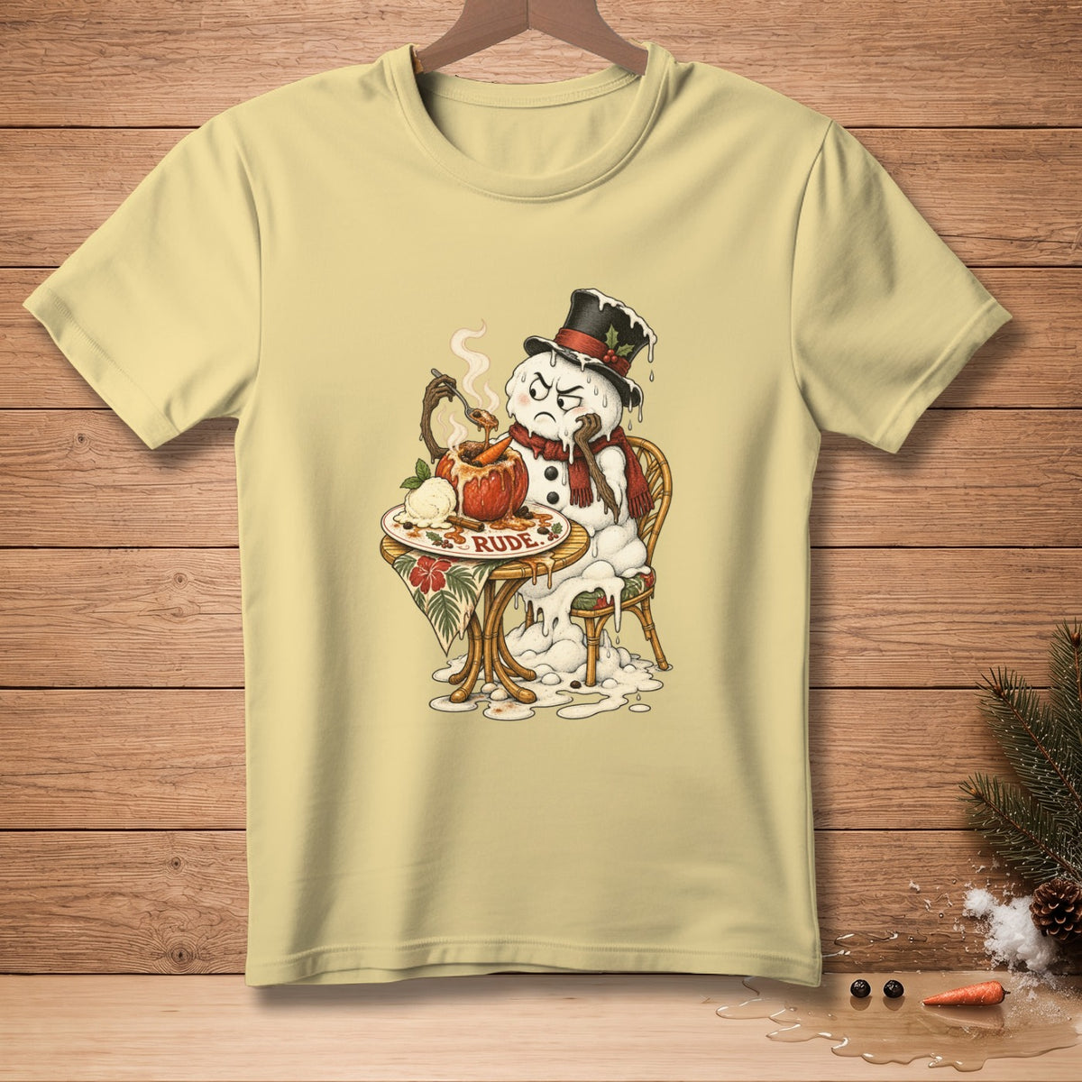 Melting snowman with grumpy expression eating from a pot, text reads "RUDE."