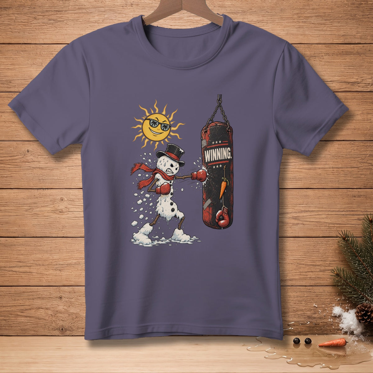 Snowman in boxing gear punches a punching bag with "WINNING" text.