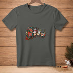 Dark gray t-shirt with a cartoon train graphic featuring snowmen and the text "ALL ABOARD."