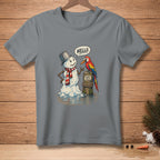 Snowman with a bucket hat and scarf talks to a parrot with text "Hello" and "Good Talk".